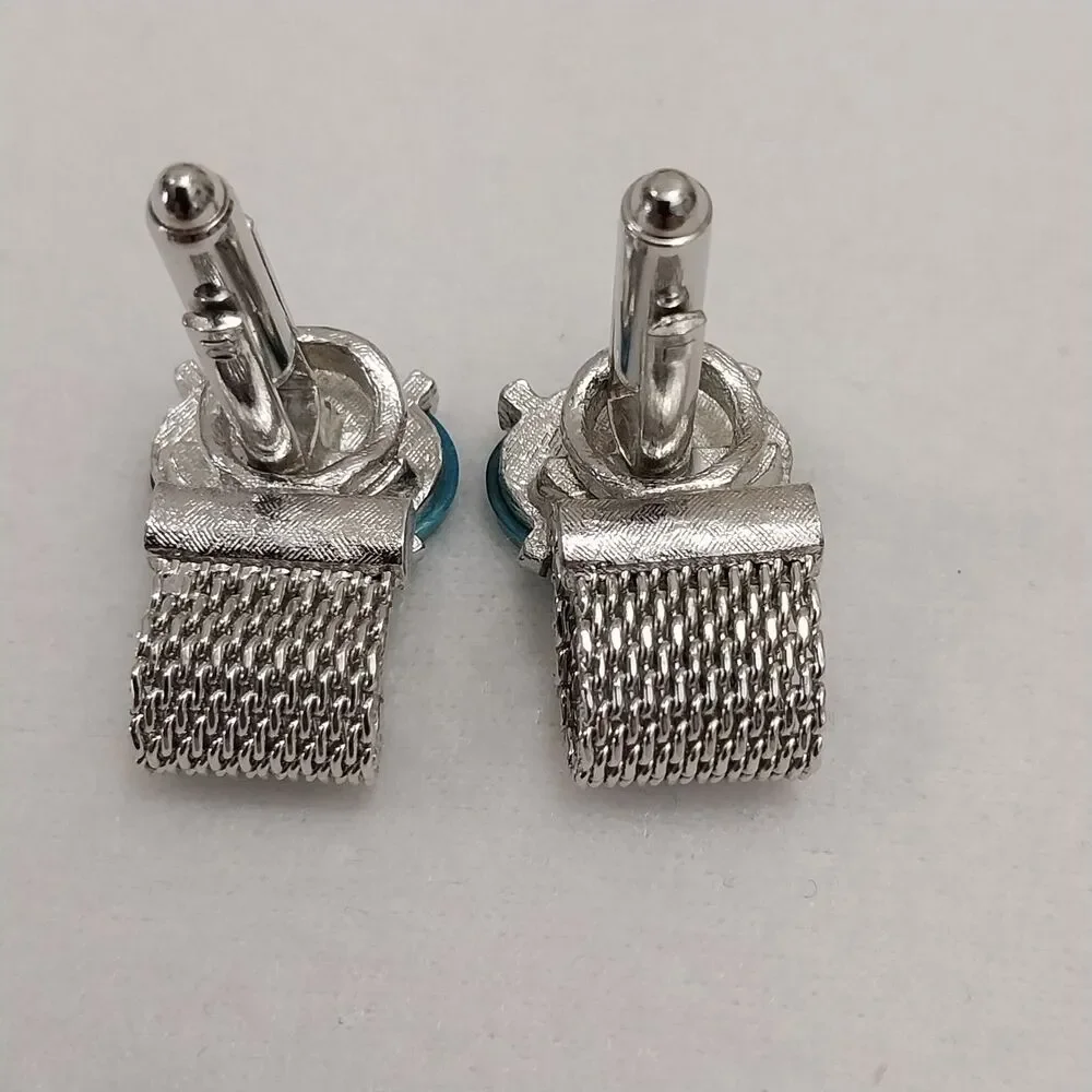 Vintage Dante Cufflinks Silver Tone With Faux Blue Agate Stone #J206